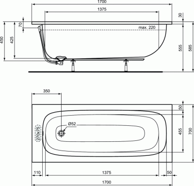 Ideal Standard I.LIFE Прямоугольная ванна 170х70 для встраиваемой установки или для монтажа с панелями T475901 от интернет-магазина Purezza 