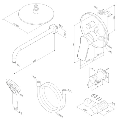 AM.PM X-Joy Набор: смеситель для ванны и душа, верхний душ с держателем, душевой набор и шланговое присоединение FB85A1RH02 Черный от интернет-магазина Purezza 