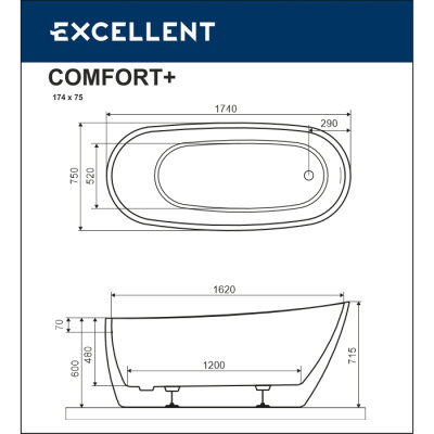 Excellent Comfort 2.0 Ванна отдельностоящая 174х75х71.5 WAEX.CMP2.17WB Белый/Черный от интернет-магазина Purezza 