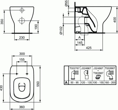 Ideal Standard TESI AquaBlade Напольный пристенный унитаз соло (чаша) T0077V3 Черный матовый от интернет-магазина Purezza 