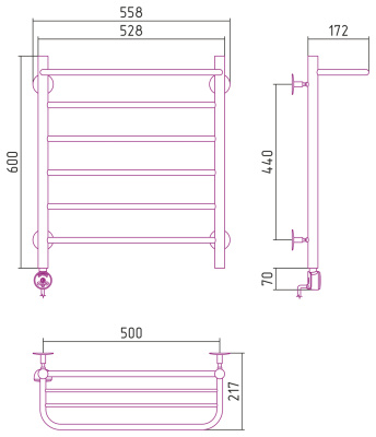 Стилье Формат 20 Электрический полотенцесушитель 600х500 (Полка + 5) П16 от интернет-магазина Purezza 