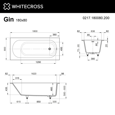 Whitecross Gin Прямоугольная ванна 180х80 0217.180080.200 Белый матовый от интернет-магазина Purezza 
