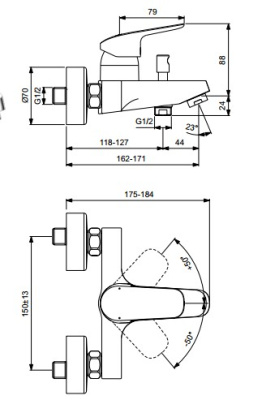 Ideal Standard CERAFLEX Настенный однорукоятковый смеситель для ванны/душа B1721AA от интернет-магазина Purezza 