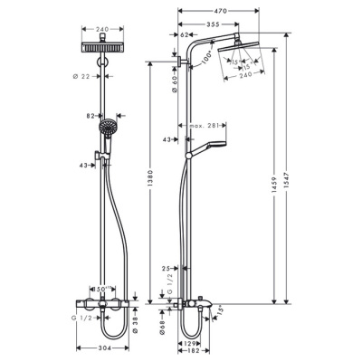 Hansgrohe Crometta E 240 SHP Душевая система 138см, с верхним душем 240х240мм., ручным душем и термостатическим смесителем для ванны, 27298000 от интернет-магазина Purezza 