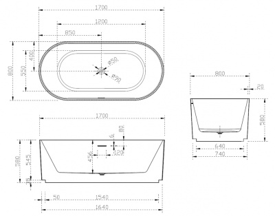ABBER Акриловая ванна 170x80x58 AB9325-1.7 от интернет-магазина Purezza 