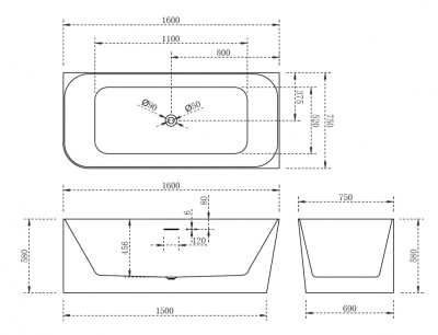 ABBER Акриловая ванна 160x75x58 AB9331-1.6 R от интернет-магазина Purezza 