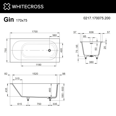 Whitecross Gin Прямоугольная ванна 170х75 0217.170075.200 Белый матовый от интернет-магазина Purezza 