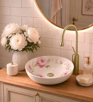 Bronze Deluxe 1005 Раковина-чаша 405х405х125 мм белая с цветами от интернет-магазина Purezza 