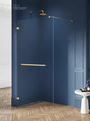 New Trendy AVEXA GOLD BRUSHED Душевая перегородка с вешалкой, длина от 500 до 1400 мм, профиль брашированное золото, стекло прозрачное, толщина стекла 6 мм от интернет-магазина Purezza 