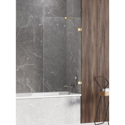 New Trendy AVEXA GOLD SHINE Стеклянная шторка на ванну, золотой профиль, стекло прозрачное, толщина стекла 6 мм, косой кронштейн от интернет-магазина Purezza 