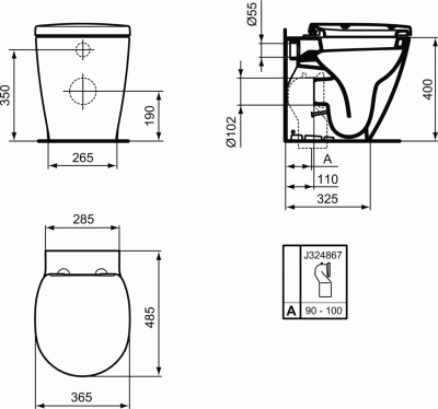 Ideal Standard CONNECT SPACE Напольный пристенный унитаз-соло, горизонтальный выпуск, короткая протекция E119901 Белый от интернет-магазина Purezza 
