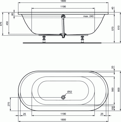 Ideal Standard CONNECT AIR Встраиваемая акриловая овальная ванна 180х80х47.5 E106801 от интернет-магазина Purezza 