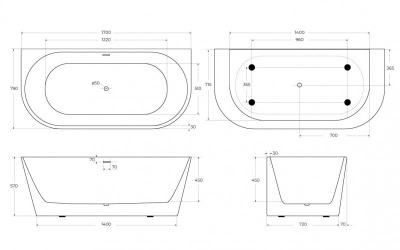 Belbagno Пристенная акриловая ванна в комплекте со сливом-переливом 170x80x58 BB710-1700-800 от интернет-магазина Purezza 