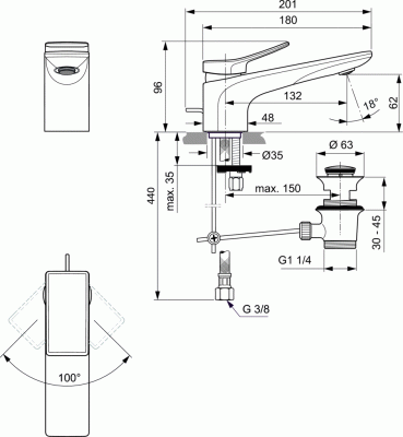 Ideal Standard CONCA Однорукоятковый смеситель для умывальника с донным клапаном BC753A5 Серый от интернет-магазина Purezza 
