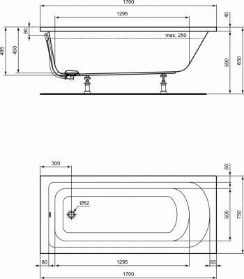 Ideal Standard HOTLINE Прямоугольная ванна 170x75 для встраиваемой установки или для монтажа с панелями K274601 от интернет-магазина Purezza 