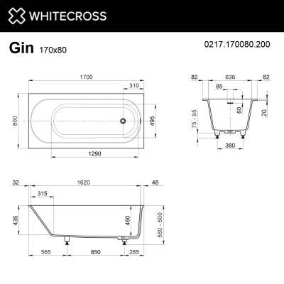Whitecross Gin Прямоугольная ванна 170х80 0217.170080.200 Белый матовый от интернет-магазина Purezza 