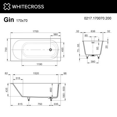Whitecross Gin Прямоугольная ванна 170х70 0217.170070.200 Белый матовый от интернет-магазина Purezza 
