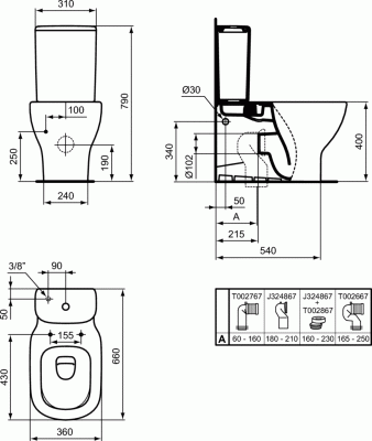 Ideal Standard TESI AquaBlade Унитаз напольный с полным примыканием к стене для монтажа с бачком T0082V1 Белый матовый от интернет-магазина Purezza 