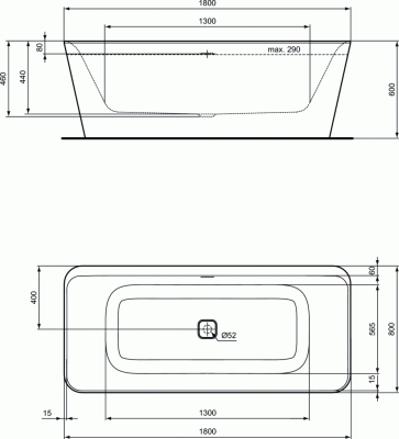 Ideal Standard TONIC II Свободностоящая акриловая ванна 180x80х60 для монтажа с напольным смесителем E398101 от интернет-магазина Purezza 