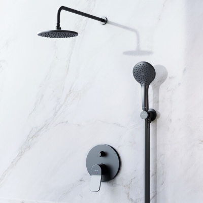 AM.PM X-Joy Набор: смеситель для ванны и душа, верхний душ с держателем, душевой набор и шланговое присоединение FB85A1RH02 Черный от интернет-магазина Purezza 