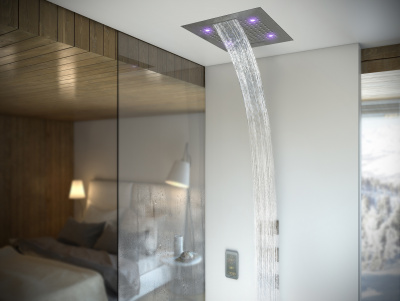 BOSSINI DREAM/4 CROMOTHERAPY Верхний душ 570x470 мм, 4 светодиода LED RGB, режимы: тропический душ, каскад, каскад гребень, душ туман, для установки в подвесной потолок H38908.030 от интернет-магазина Purezza 