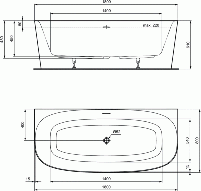 Ideal Standard DEA Пристенная акриловая ванна 180х80х61 T9940V1 Белый матовый от интернет-магазина Purezza 