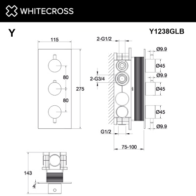Whitecross Смеситель термостатический для душа скрытого монтажа Y1238GLB Брашированное золото от интернет-магазина Purezza 