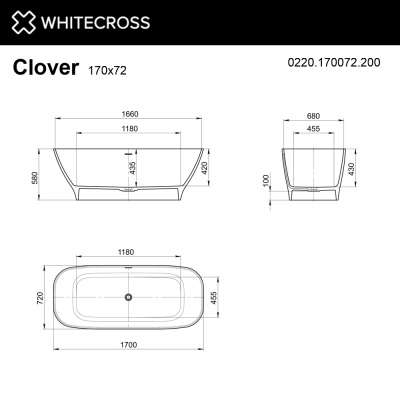 Whitecross Glock Ванна отдельностоящая 170х72х58 0220.170072.200 Белый матовый от интернет-магазина Purezza 