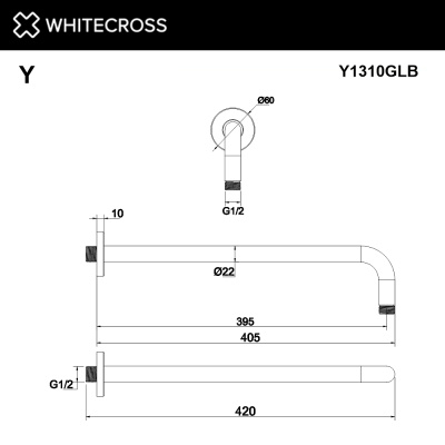 Whitecross Кронштейн душевой настенный 40 см, цвет Брашированное золото, арт. Y1310GLB от интернет-магазина Purezza 