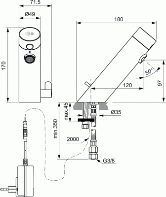 Ideal Standard SENSORFLOW Электронный смеситель для умывальника (со смешиванием), работа от сети A7558AA от интернет-магазина Purezza 
