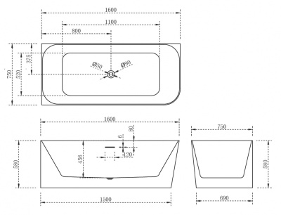 ABBER Акриловая ванна 160x75x58 AB9331-1.6 L от интернет-магазина Purezza 
