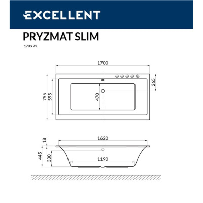 Excellent Pryzmat Slim Акриловая ванна 170х75.5 WAEX.PRY17WHS от интернет-магазина Purezza 
