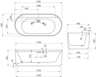 Maxonor FLOR Акриловая ванна 1700х800х580 PL-BT2708-4 Белый от интернет-магазина Purezza 