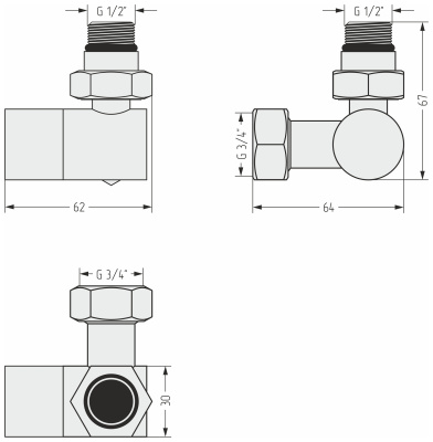 Сунержа Вентиль 3D правый (под шестигранник) G 1/2" НР х G 3/4" НГ 30-1407-1234 Матовый белый от интернет-магазина Purezza 