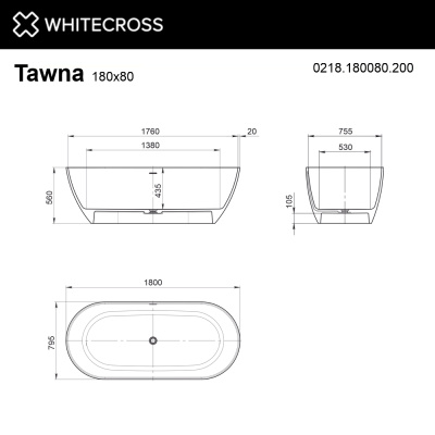 Whitecross Tawna Ванна отдельностоящая 180х79.5х56 0218.180080.200 Белый матовый от интернет-магазина Purezza 