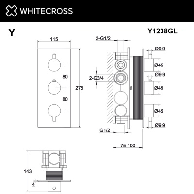 Whitecross Смеситель термостатический для душа скрытого монтажа Y1238GL Золото от интернет-магазина Purezza 